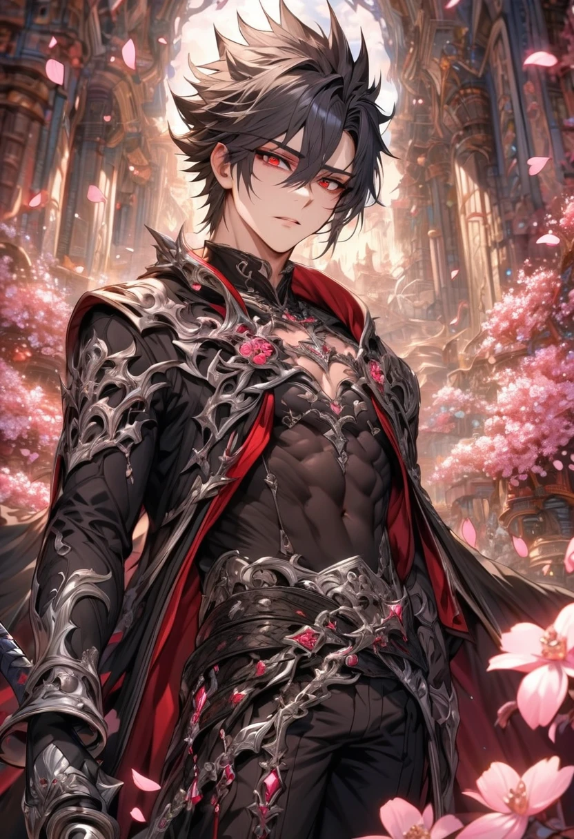absurdres, highres, ultra detailed, HDR, master piece, best quality, Kaerius, black hair, spiked hair, hair between the eyes, expressive red eyes, Dream and Legacy, solo, y, man holding a sword, handsome, black coat, black tight T-shirt, belt around his chest, silver accessories, fantasy, pink flowers, blossoms, magical, pink petals