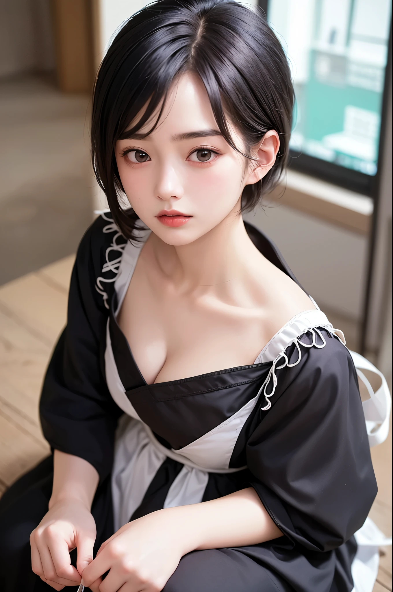 ((high quality)), ((table top), (detailed face), (highlight), female、cleavage、blunt bangs、black hair、combat uniform、skirt、