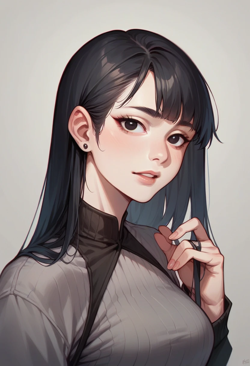 An Asian female character with black eyes, white, long black straight hair