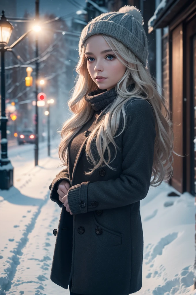 professional photography of a beautiful norwegian girl in winter clothes with long wavy blonde hair, sensual and seductive look, beautiful symmetrical face, beautiful natural makeup, wearing chic warm winter fashion clothing, ((standing outside on the snowy city street)), impressive modern urban environment, ultra realistic, conceptual artwork, chic, highy detailed, intricate, sharp focus, Depth of field, f/1. 8, 85 mm, medium shot, mid shot, (((professional color grading))), soft and bright diffused light, (Volumetric fog), Trends on Instagram, HD 4k, 8K