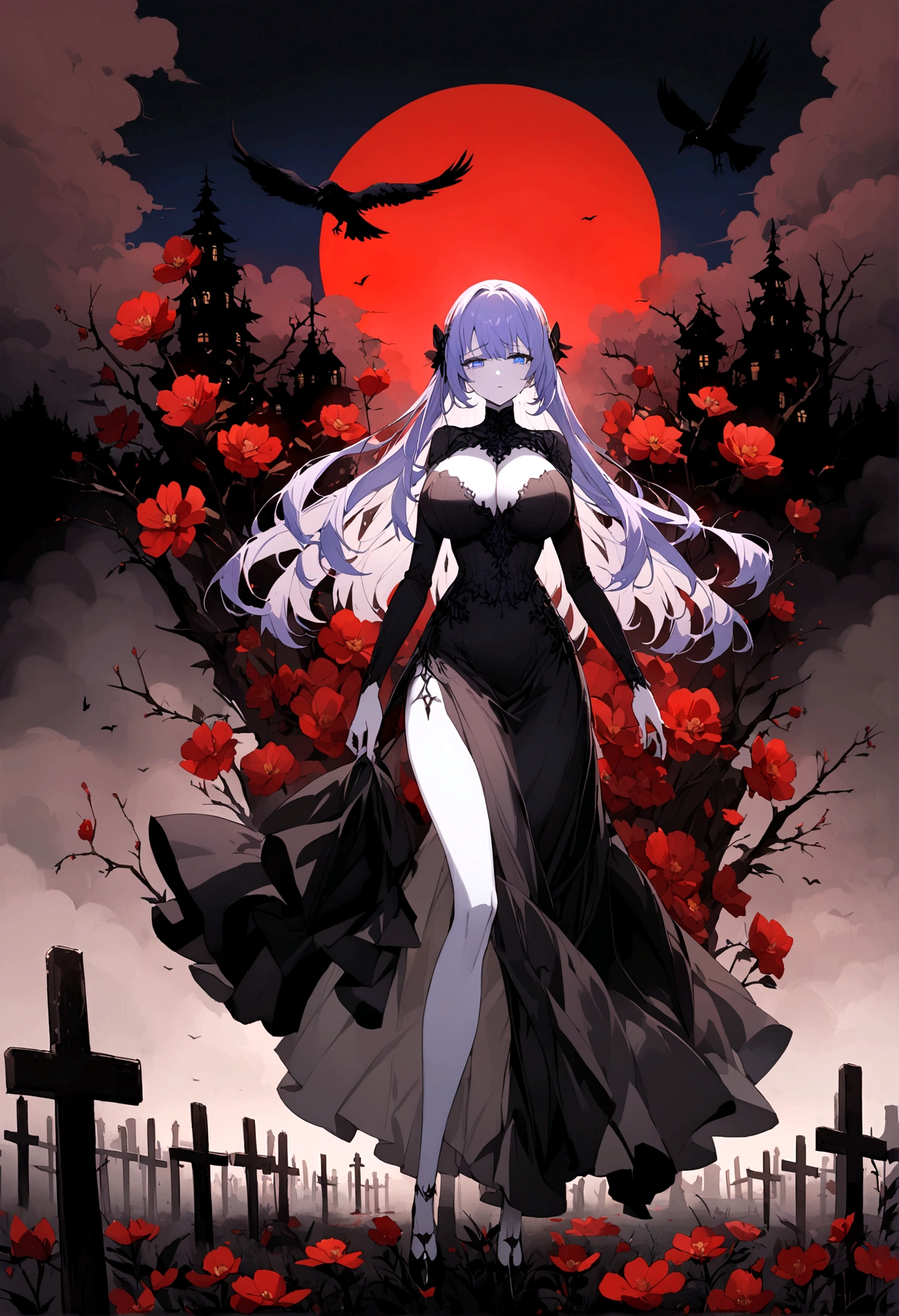 A beautiful anime-style girl with long hair and a purple flower decoration、Face of Sadness、Sad beautiful girl、A beautiful girl with a well-balanced and glamorous body、Big Breasts、A beautiful immoral girl in a provocative black and grey dress、Pale skin、Full Body Shot、Crow、dead tree、fog、Red Moon、mystery、graveyard of darkness。