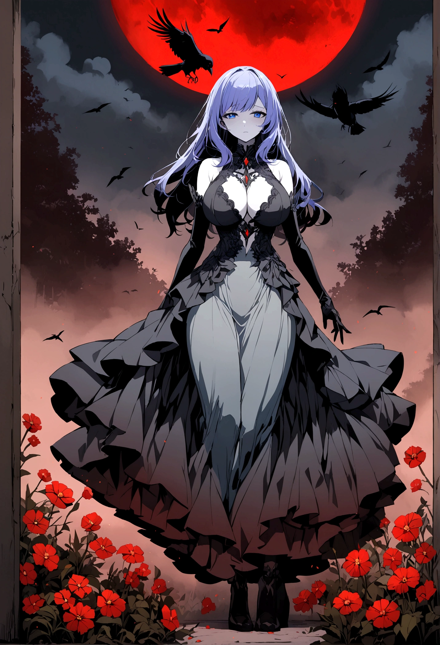 A beautiful anime-style girl with long, purple-blue hair,(((detailed)))Blue Eyes,Transparent hair,Face of Sadness,Sad beautiful girl,(((detailed)))A beautiful girl with a well-balanced and glamorous body,Big Breasts,(((detailed)))A beautiful immoral girl in a provocative black and grey dress,Pale skin,(((detailed)))Full Body Shot,Crow,(((detailed)))dead tree,fog,Red Moon,Mysterious Flower,graveyard of darkness。