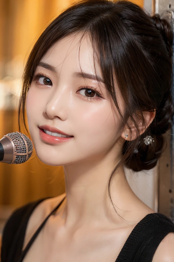 (masterpiece:1.3), high resolution, ultra detailed, extremely detailed CG unity 8k wallpaper, realistic, photo-realistic, RAW photo, beautiful detailed face, pale skin, realistic glistening skin, detailed cloth texture, detailed hair texture, Perfect body, Beautiful Face, accurate, Anatomically correct, Highly detailed face and skin texture, natural neck length, (beautiful hands), (fair skin:1.1), (well-aligned teeth:1.1), (Sweaty skin:1.2),
BREAK,
Detailed eyes, symmetric eyes, Light Brown eyes, Double eyelids, Thin eyebrows, (Glossy lips:1.4), ((A face with waiting for a kiss:1.2)), (blush:1.1), (A sparkling small hair accessory:1.1), (beautiful smile:1.1), (having microphone:1.3),
BREAK,
(A classy and Cute idol:1.3), (nude, nsfw, nipple:1.4),
BREAK,
medium large breasts, slender figure, firm abs,
((half updo, black hair, bangs:1.2)), (cowboy shot:1.2), (looking at viewer), cowboy shot, From above,
BREAK,
(singing on stage:1.3),