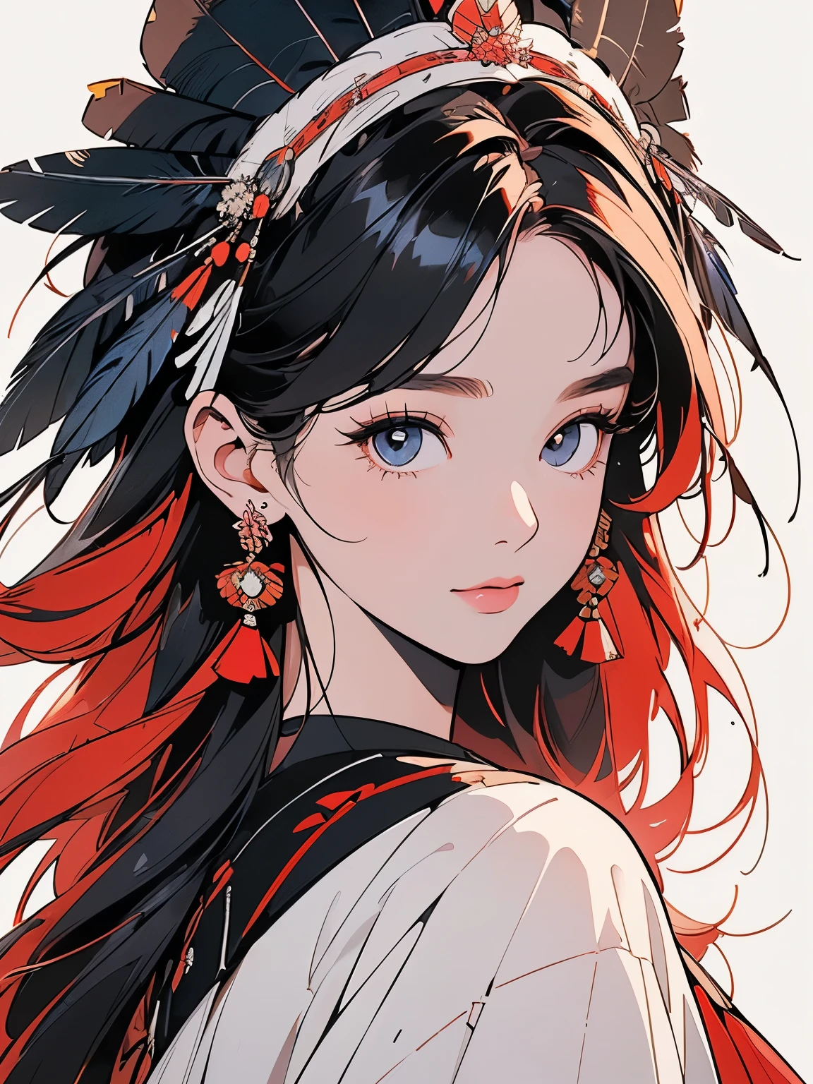kimono, Perfect kimono, ultra detailed kimono, first-class, ultra detailed,(((ultra detailed ornament))),One Woman, Perfect Face, Faint lighting, (((head shot))), ultra detailed hair、(((Sparkling Eyes))),mysterious, The wind is blowing, Panorama, Long Shot,  (((Beautiful Faces of Asia))),(((Indian feather headdress))),Upper Body,(((TOP quality face)))、(((Large feather ornament))),(((A lot of Black crow feather)))、(((white only  background)))、(((pale red hair))),Top quality feathers、ultra detailed feathers、Various Angle、Various Hairstyle