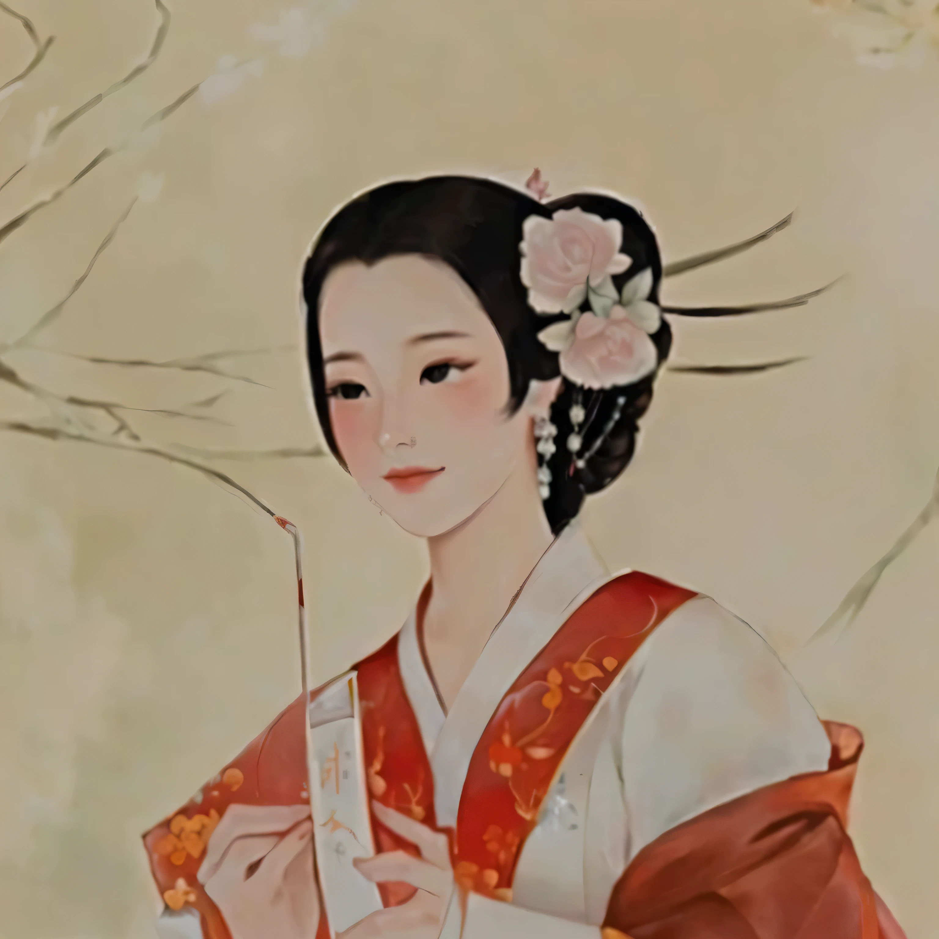 A beautiful chinese princess in white hanfu and headdress, holding a cup of tea