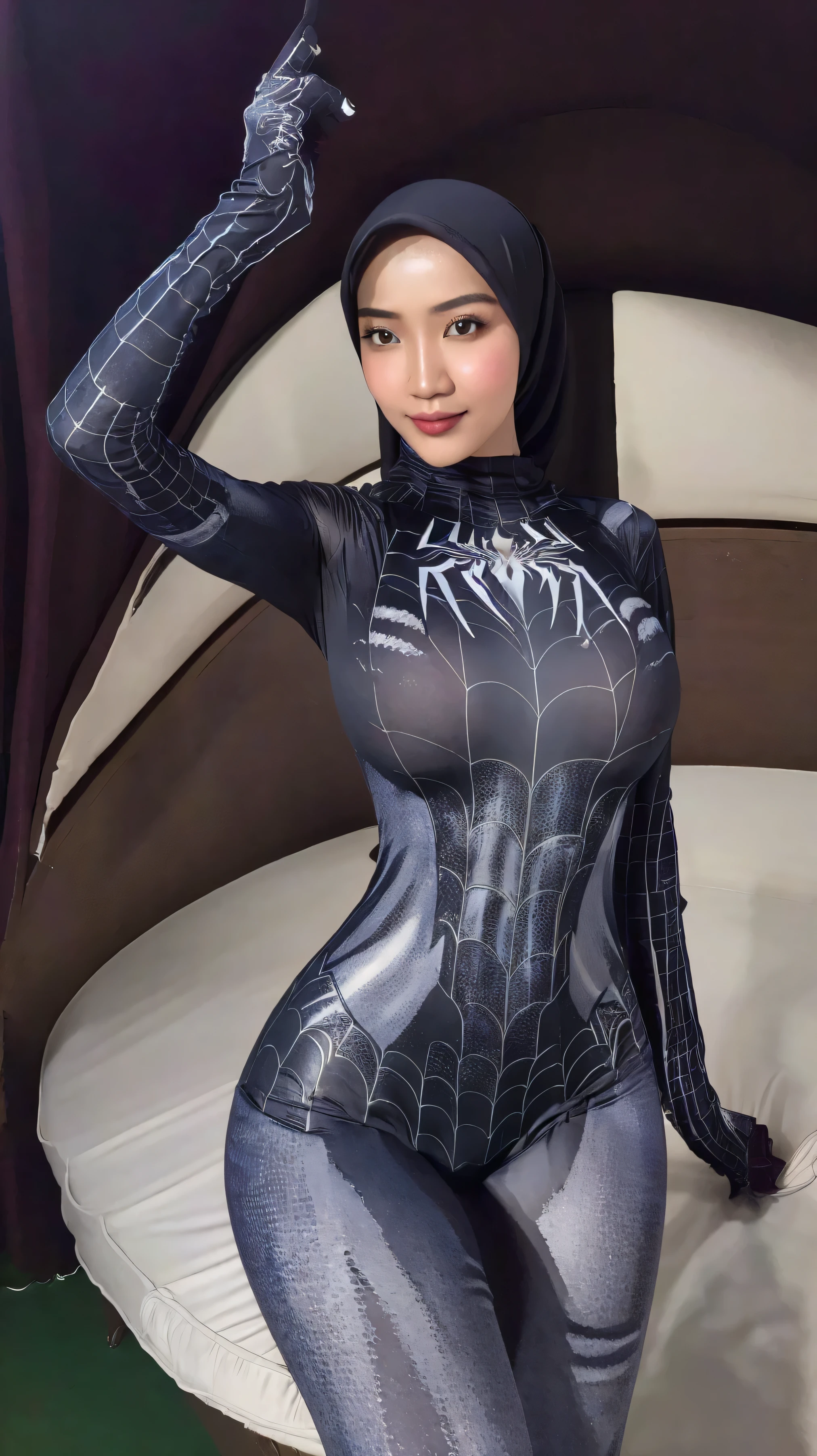 (masterpiece:1.4), (best quality:1.4), (high resolution:1.4), (masterpiece, best quality, high resolution:1.4), husna hijab, adult indonesian, big breast, forward chest, thick thighs, goal body, wear costume spider-man tights