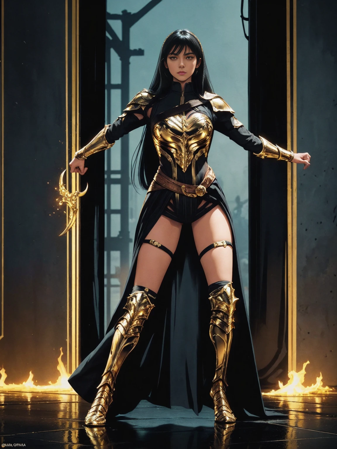 ((Full body photo, standing, feet on the ground)) Yara_flor DC, A warrior, black hair, dynamic pose and yellow eyes, heroine pose, wearing black and gold Yara Flor armor
