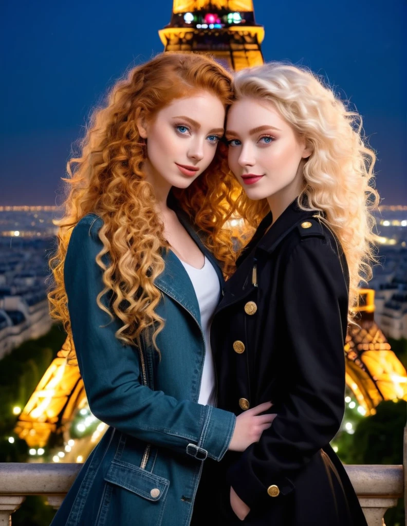 2 very attractive 25 year old girls, 1 long very curly ginger hair, 1 long wavy platinum blonde hair, in love with each other, standing on the top of the eiffel tower with view of paris at night as background without the eiffel tower, very realistic