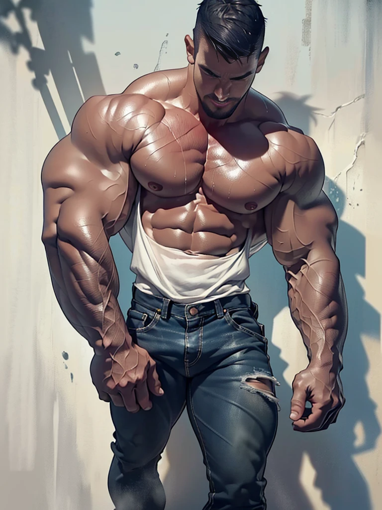 NSFW ,Award-winning original photos, STEPHEN AMELL SHOWING A PART OF HIS COCK, wild muscular man, (40 years old daddy:1.1), burly, hunk, hot, big shoulders, musculature, jeans, (unbuttoned white wet shirt), chest showing, sweaty, steamy environment, ((drunk, tired expression)), goodnight, (laying and sleeping on a bed), from above, Cinematic lighting, Masterpiece, RAW photo, Intricate details, hdr, (Best quality, A high resolution, Photorealistic),
