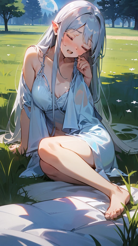 beautiful girl、anime、barefoot、Sleep、Sleeping posture、Lakeside、Tree roots、On the grass、Starry Sky、breeze、Hot body、Silver Hair、Long Hair、Ears sticking out from hair、Clear eyelashes、Double teeth、lingerie、moonlight
