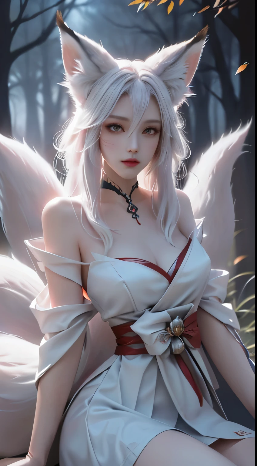 Fox ears white hair girl,full bodyesbian,Painting of a fox with white hair sitting on a branch,ethereal fox,nine tail fox,Fox three-tailed fox,Onmyoji detailed art,Nine tails,A beautiful artwork illustration,mythological creatures,red fox,Combat posture,Beautiful digital artwork,Exquisite digital illustration,mizutsune , Inspired by the mythical creature wildnet,Digital art on Pixiv,strong lights,hight contrast,Horror movie theme,Dark atmosphere
