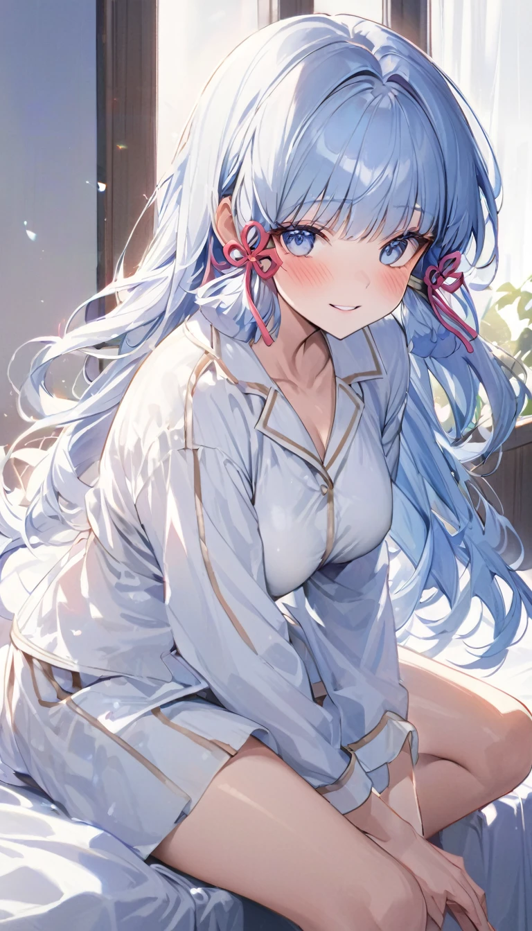 Ayaka, Blue long hair, Pretty Face,Smile,Close to hip, Medium breasts, Sitting on the bed, Wearing beautiful white pajamas, (open mouth:0.4),illustration,Detailed texture(Realist),Extremely detailed,Portrait Style,Bright colors,Soft lighting, blush, Mature, No, Flying hair, Breast tenderness