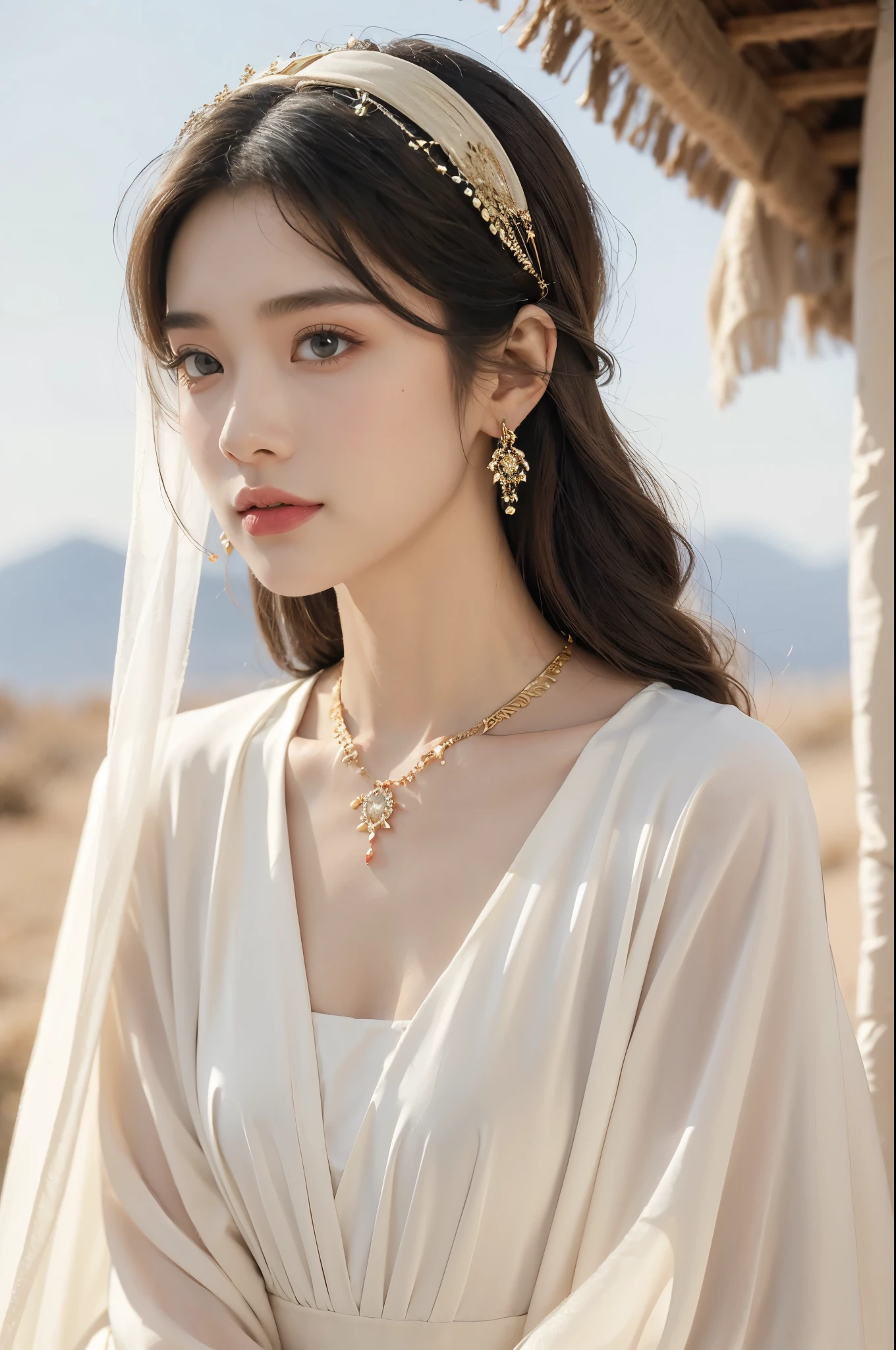 (((best quality))),(((ultra detailed))),(((masterpiece))),illustration,1girl, solo,princess, Arabic,slim,thin,flat chest,small breasts, palace, desert, gold, gemstones,headscarf, veil on face,white sheer traditional clothing, hairband, deep eyes, elegant face, subtle smile,earrings,necklace, sunlight, shining, serene, environment,day scene,out door,standing,arms behind back,upper body,from front
