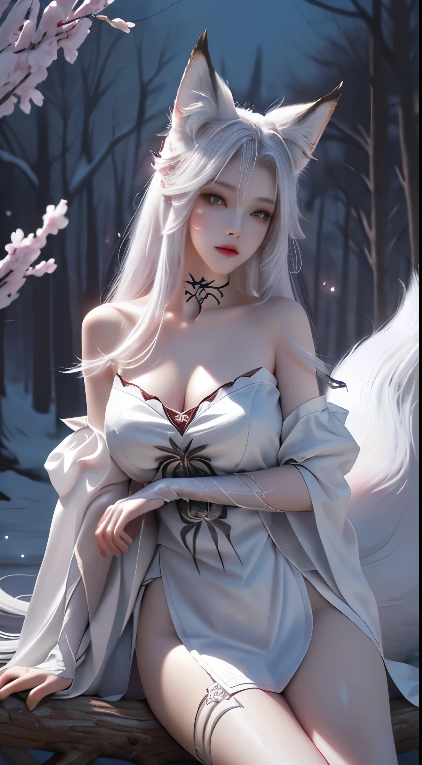Fox ears white hair girl,full bodyesbian,Painting of a fox with white hair sitting on a branch,ethereal fox,nine tail fox,Fox three-tailed fox,Onmyoji detailed art,Nine tails,A beautiful artwork illustration,mythological creatures,red fox,Combat posture,Beautiful digital artwork,Exquisite digital illustration,mizutsune , Inspired by the mythical creature wildnet,Digital art on Pixiv,strong lights,hight contrast,Horror movie theme,Dark atmosphere