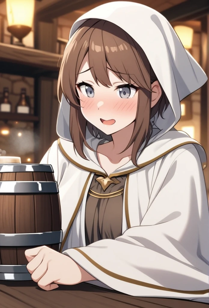 Adult Female, Short brown hair, grey eyes, drunk, white cleric robes, fantasy tavern, drinking from tankard, not looking