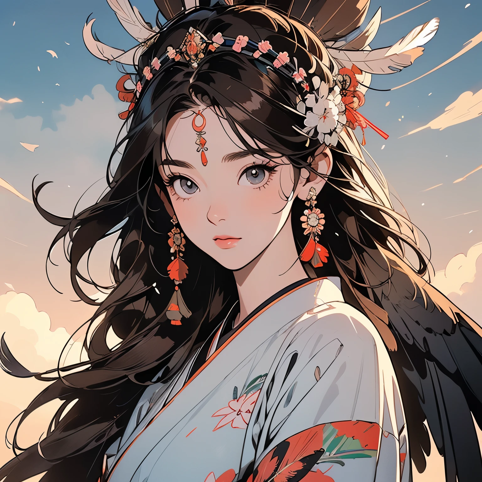 kimono, Perfect kimono, ultra detailed kimono, first-class, ultra detailed,(((ultra detailed ornament))),One Woman, Perfect Face, Faint lighting, (((head shot))), ultra detailed hair、(((Sparkling Eyes))),mysterious, The wind is blowing, Panorama, Long Shot, (((Beautiful Faces of Asia))),(((Indian feather headdress))),Upper Body,(((TOP quality face)))、(((Large feather ornament))),(((A lot of Black crow feather)))、(((Japanese cloud pattern background)))、((brown hair))),Top quality feathers、ultra detailed feathers、Various Angle、Various Hairstyle