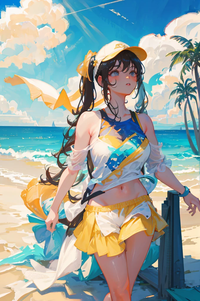 Chica anime,bajo el sol, pelo largo, pelo negro, bajo sombrilla, ropa de playa, sonrisa atrevida