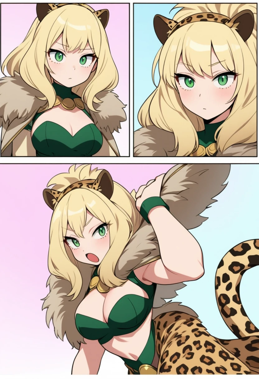 Make me an image panel comics Boku no hero academia young girl with short blonde chopped hair like a lion's mane, green eyes, and has blonde lion ears and a jaguar tail (create a heroine costume for her)