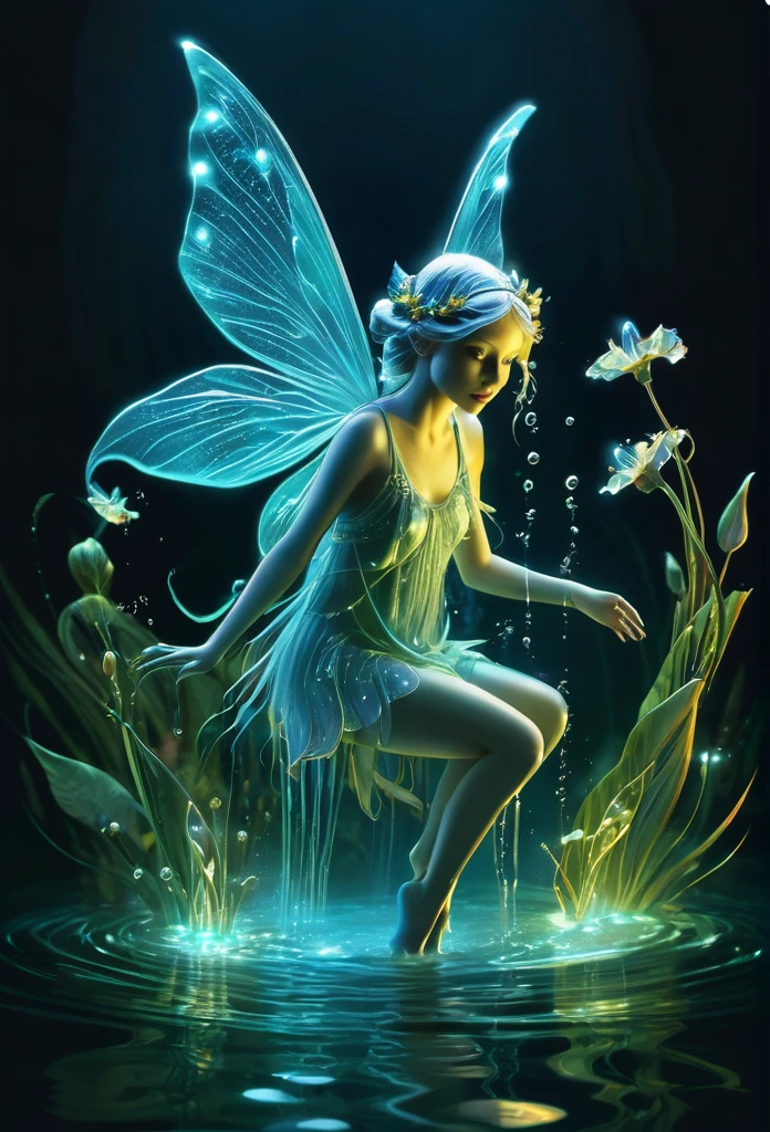 Bioluminescent fairy playing in the water,magic background, refined details