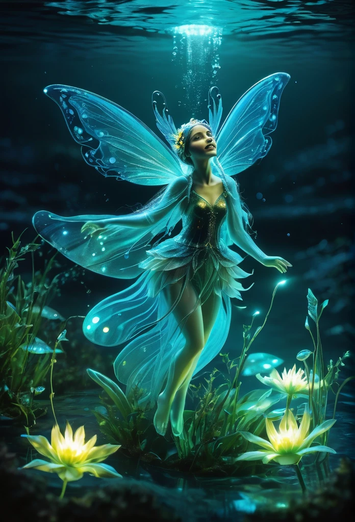 Bioluminescent fairy playing in the water,magic background, refined details 