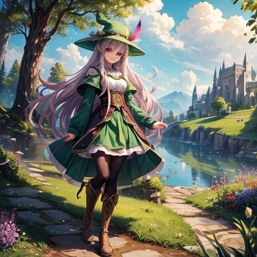 Highest quality, (masterpiece:1.2), figure, Absurd, (One girl, alone), (Beautiful detailed girl),, Aeolian, Lilac hair, Long Hair, Red eyes, Medium chest,, Happy, Hilarious,, Green hat, Hats with feather ornaments, Green Dress, Green coat, (Fantasy:1.1) (Medieval:1.1) Costume, (black_pantyhose:1.1), White shirt, Brown shorts, Fleece lined boots, Brown boots,, Magical Forest, Flowers, Fairy Rings, ancient ruins, Stone ruins, lake, null, cloud