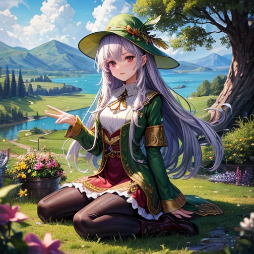 Highest quality, (masterpiece:1.2), figure, Absurd,  (One girl, alone), (Beautiful detailed girl),, Aeolian, Lilac hair, Long Hair, Red eyes, Medium chest,, Happy, Hilarious,, Green hat, Hats with feather ornaments, Green Dress, Green coat, (Fantasy:1.1) (Medieval:1.1) Costume, (black_pantyhose:1.1), White shirt, Brown shorts, Fleece lined boots, Brown boots,, Magical Forest, Flowers, Fairy Rings, ancient ruins, Stone ruins, lake, null, cloud