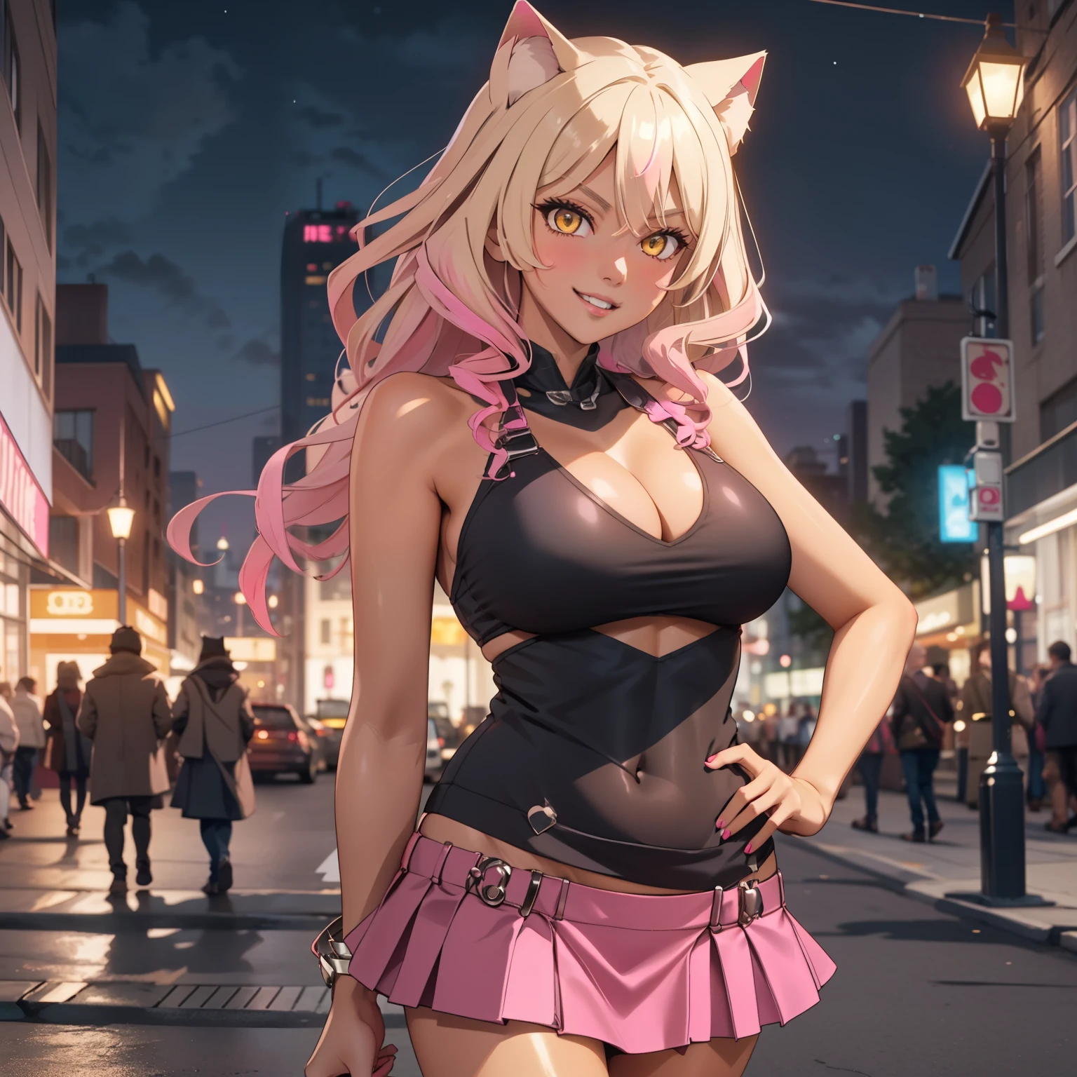 35 year old woman blonde hair with pink tips , cat ears , yellow eyes like amber, tanned brown skin, Dark skin, flirtatious smile, , big breasts, modern clothing low cut short black top, short pink skirt, neckline, tops negro, , bear ears, , background of a streets of a modern city at night.