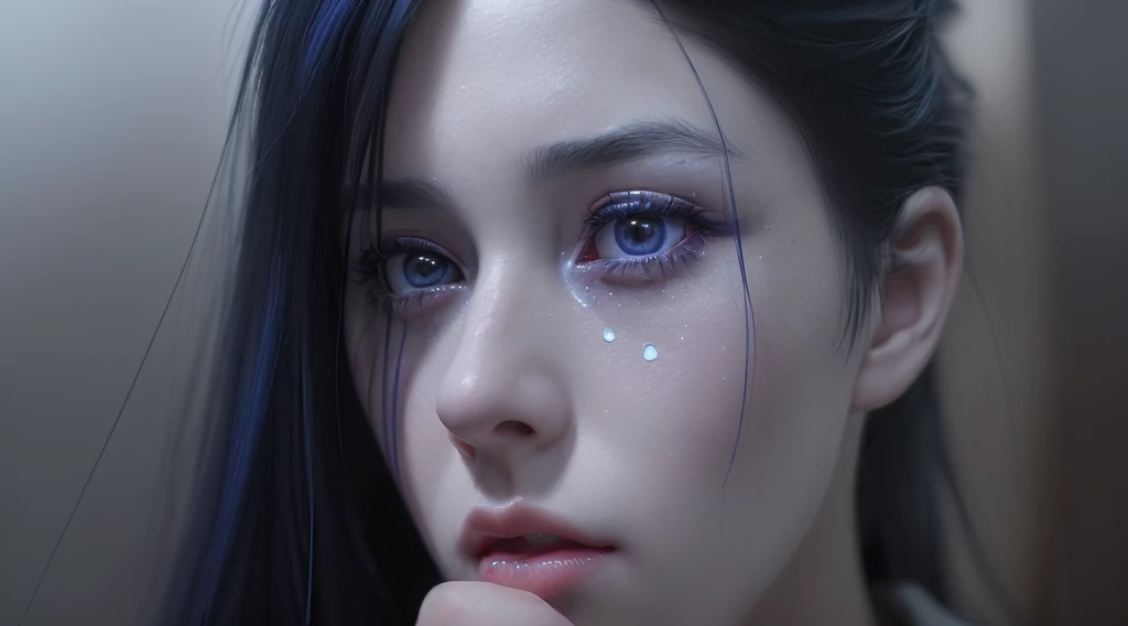 A young girl with long black hair band, vibrant blue and purple hair, wearing a dark navy dress that exposes her shoulders, tears streaming down her face as she looks up to the right, hands outstretched in a pleading gesture, side profile, crying, sorrowful expression,(best quality,4k,8k,highres,masterpiece:1.2),ultra-detailed,(realistic,photorealistic,photo-realistic:1.37),detailed eyes,detailed lips,extremely detailed face,longeyelashes,dramatic lighting,emotional scene,cinematic composition,muted color palette,melancholic,digital art,concept art