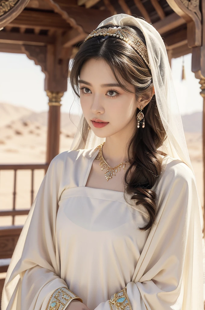 (((best quality))),(((ultra detailed))),(((masterpiece))),illustration,1girl, solo,princess, Arabic,slim,thin,flat chest,small breasts, palace, desert, gold, gemstones,headscarf, veil on face,white sheer traditional clothing, hairband, deep eyes, elegant face, subtle smile,earrings,necklace, sunlight, shining, serene, environment,day scene,out door,standing,arms behind back,upper body,from front

