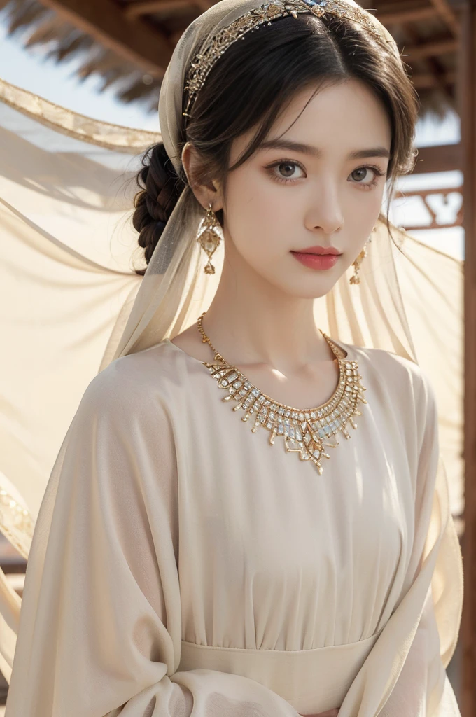 (((best quality))),(((ultra detailed))),(((masterpiece))),illustration,1girl, solo,princess, Arabic,slim,thin,flat chest,small breasts, palace, desert, gold, gemstones,headscarf, veil on face,white sheer traditional clothing, hairband, deep eyes, elegant face, subtle smile,earrings,necklace, sunlight, shining, serene, environment,day scene,out door,standing,arms behind back,upper body,from front