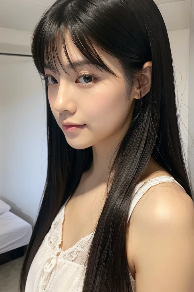 ((Highest quality)), ((masterpiece)), (detailed), Japanese, Age 25, Beauty, Front face, sexy,Face close-up,Long Black Hair、In a clean room
