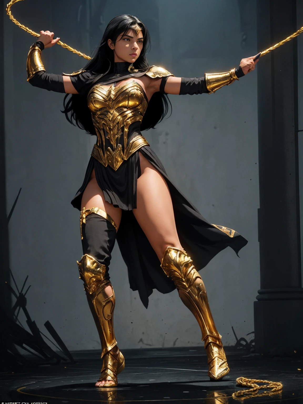 ((Full body photo, standing, feet on the ground)) Yara_flor DC, A warrior, black hair, dynamic pose and yellow eyes, in her hands the lasso of truth, heroine pose, wearing black and gold Yara Flor armor
