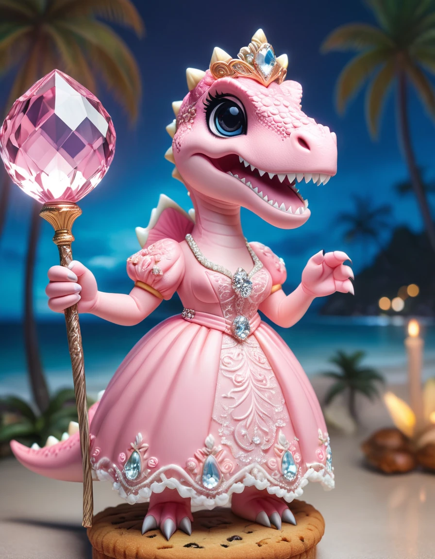 (Close-up:1.3) (pastel cookie of female anthropomorphic dinosaur) of pink ((holding ornate cane with crystal on top)), (extravagant dress with lace ornament), cool wide sunglasses, blurry tropical background with sea at twilight, pink dinosaur, masterpiece in maximum 16K resolution, superb quality, highly detailed, studio lighting.