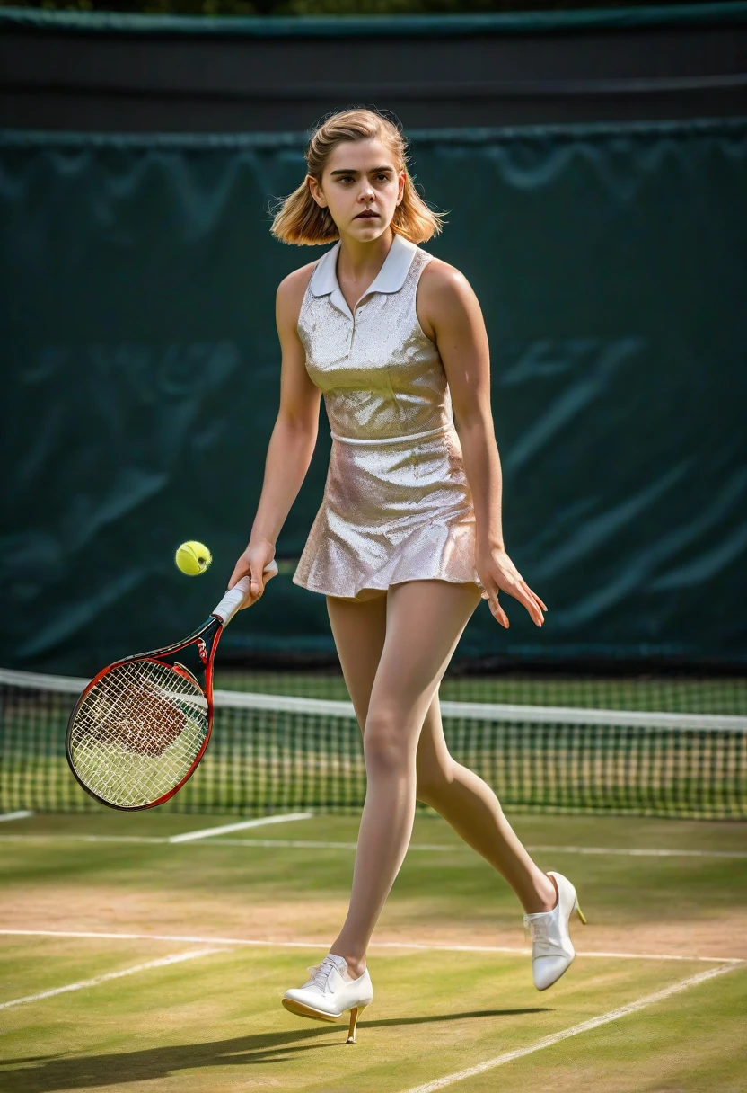 1girl, Kiernan Shipka, full body, colored tennis dress, (sheer shiny shimmering silky tan pantyhose:1.7), (5inch white high heeled pumps:1.7), holding tennis racket, playing tennis on a tennis court at Wimbledon, red lipstick, long dangling earrings, extremely short hair with pigtails, glamour photo shoot, wide angle lens, 9:16 aspect ratio, (best quality,4k,8k,highres,masterpiece:1.2),ultra-detailed,(realistic,photorealistic,photo-realistic:1.37),HDR,studio lighting,ultra-fine painting,sharp focus,physically-based rendering,extreme detail description,professional,vivid colors,bokeh