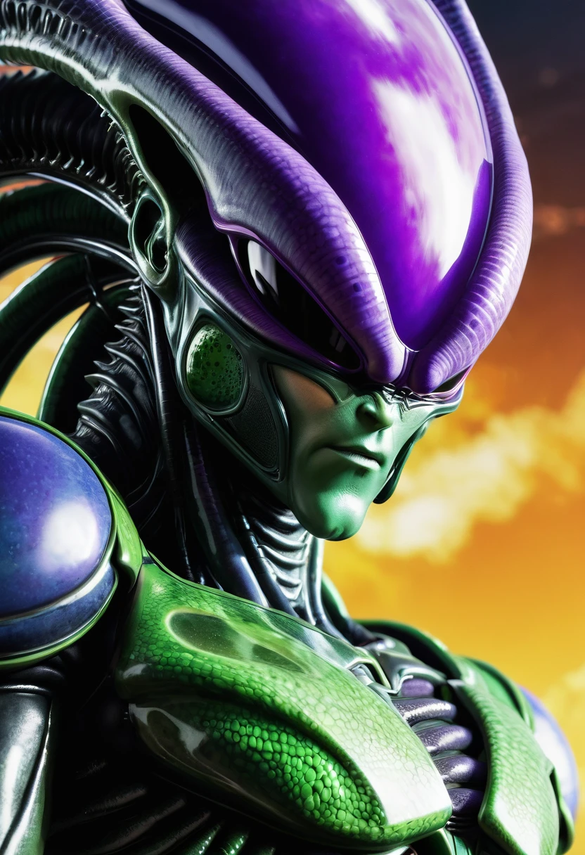 (((Extreme close-up Xenomorph Alien the eighth passenger fused with (((imperfect cell))),(((Dragon Ball Z universe))) surreal and cinematographic images Color Splash images Front Images)))