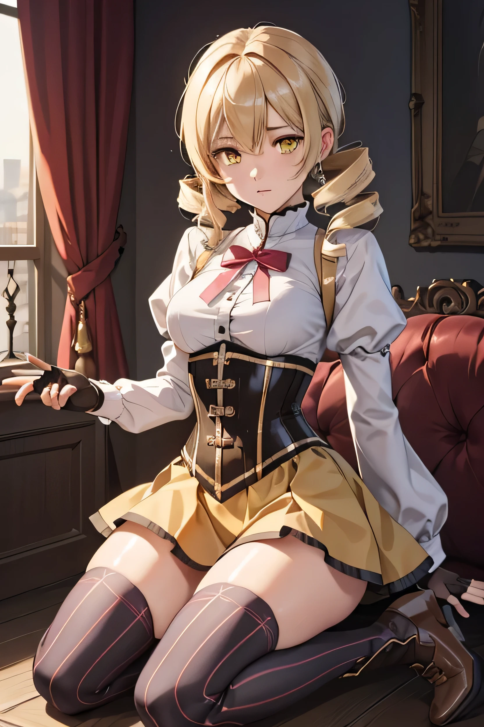 1girl,mami tomoe, blonde hair, drill hair, twin drills, yellow eyes, boots, brown footwear, brown gloves, corset, detached sleeves, fingerless gloves, gloves, hat, juliet sleeves, knee boots, long sleeves, magical girl, puffy sleeves, skirt, striped, striped thighhighs, thighhighs, thighs, vertical stripes, vertical-striped thighhighs, yellow skirt ,white underwear ,looking at viewer,(sweat:1.1),(drooling:1.5)(city:1.0)(big breasts;1.4) BDSM,(tied to chair:1.3) thigh strap,(defiant look:1.3),(painful expression:1.2),(scowled:1.3),(serious:1.2),  (restrained:1.3)(Urinating:1.2)
