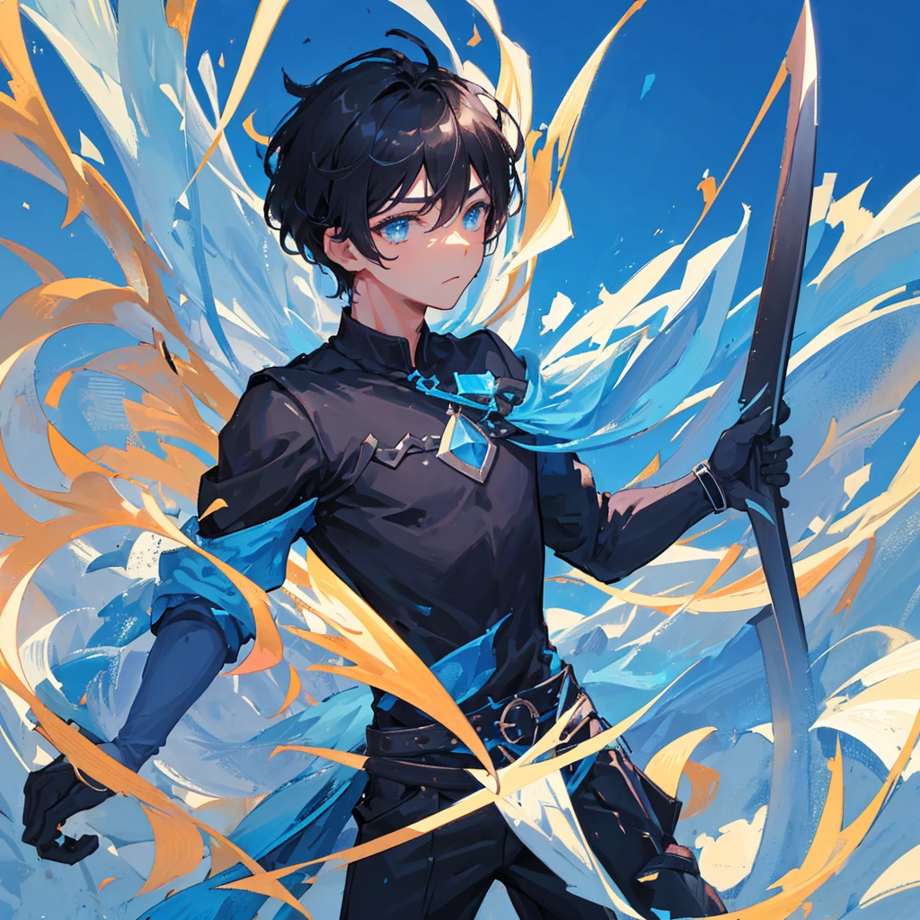 A boy holding two swords，High-spirited，Black short hair，Cold，Handsome，((Pure blue background))