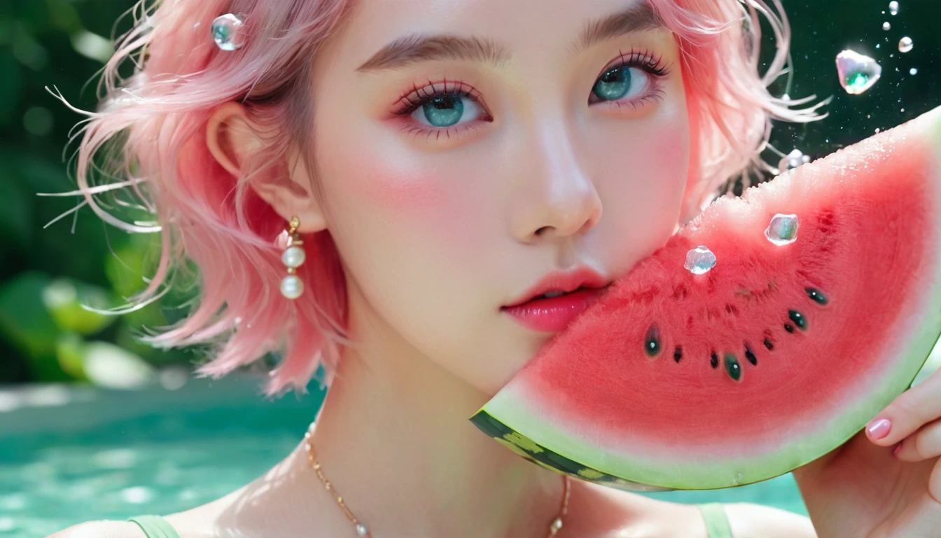 Summer Watermelon Girl,Dopamine age, Cool summer days,Chilled watermelon,Ice cubes,The watery girl,Delicate skin,Hydration,Shiny,Shiny,dream,Front view,bust,pearl