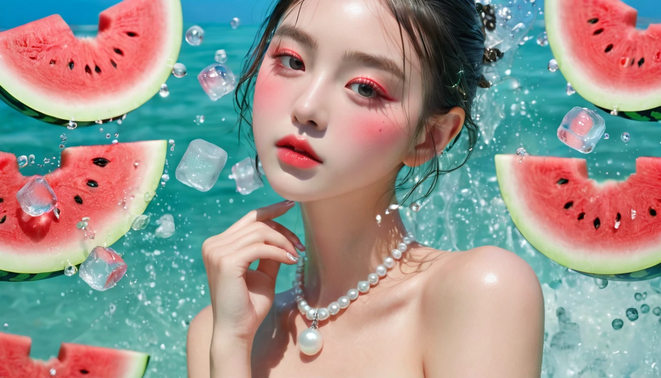 Summer Watermelon Girl,Dopamine teenage, Cool summer days,Chilled watermelon,Ice cubes,The watery girl,Delicate skin,Hydration,Shiny,Shiny,dream,Front view,bust,pearl