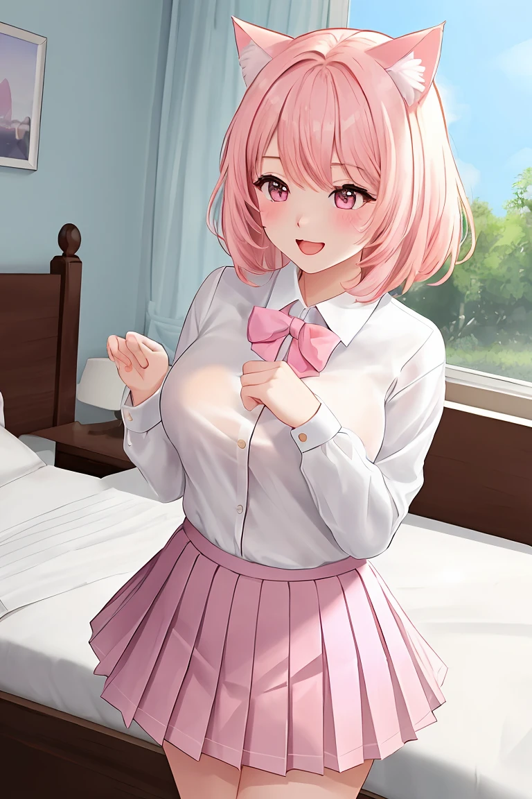 score_9,score_8_up,score_7_up,masterpiece, top quality, best quality, official art, beautiful and aesthetic, animation, , 1girl with cat ear, perfect figure, pink hair, complicated details, bedroom, summer afternoon, hide-and-seek, (white shirt, pink pleated skirt:1.5), excited cat ear girl, bouncing away ,