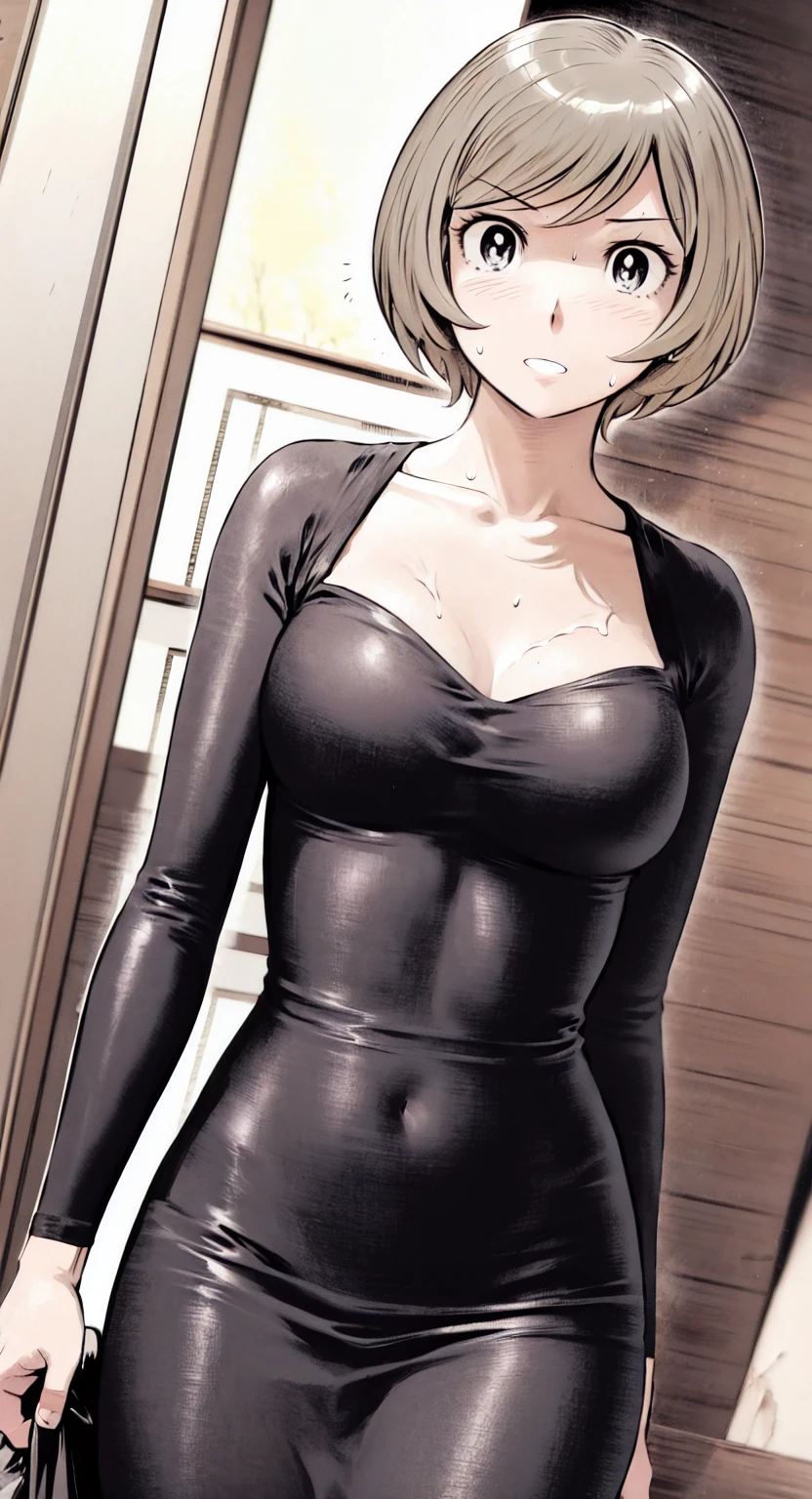 、(masterpiece、Highest quality)、Highest quality, Ultra-high resolution, (((masterpiece))), alone, Sweat、No sleeve、Outdoor、Private Server、Floral dress、Composition from the front、(Cut the back hair short、short hair、blonde、woman)、Shortcuts、Embarrassed face、Cut your hair short、可愛いwomanの子、Big Breasts