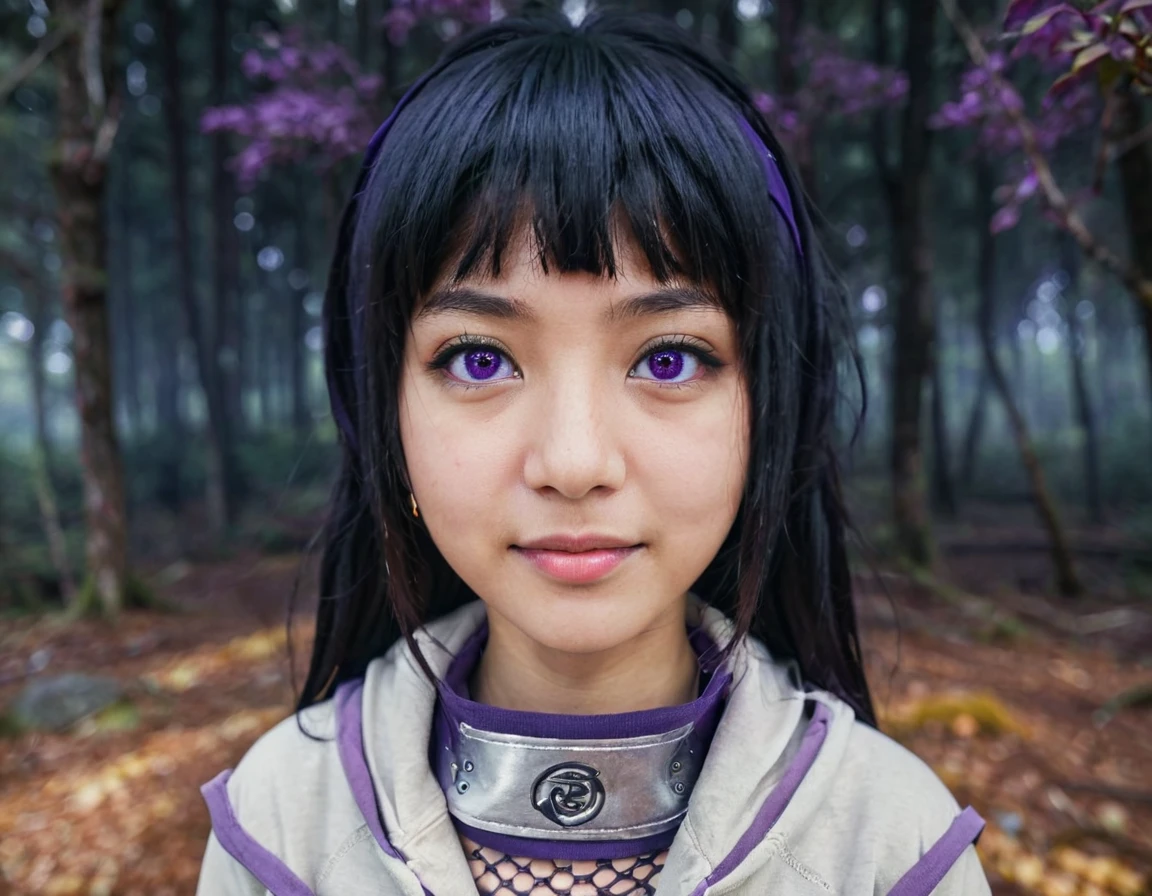 Portrait of a girl, Hinata Hyuuga, wearing a hoodie, steel headband on her neck, light purple eyes, forest background, (highly detailed face:1.4) (smile:0.7) (background inside dark, moody, private study:1.3) POV, by lee jeffries, nikon d850, film stock photograph ,4 kodak portra 400 ,camera f1.6 lens ,rich colors ,hyper realistic ,lifelike texture, dramatic lighting , cinestill 800