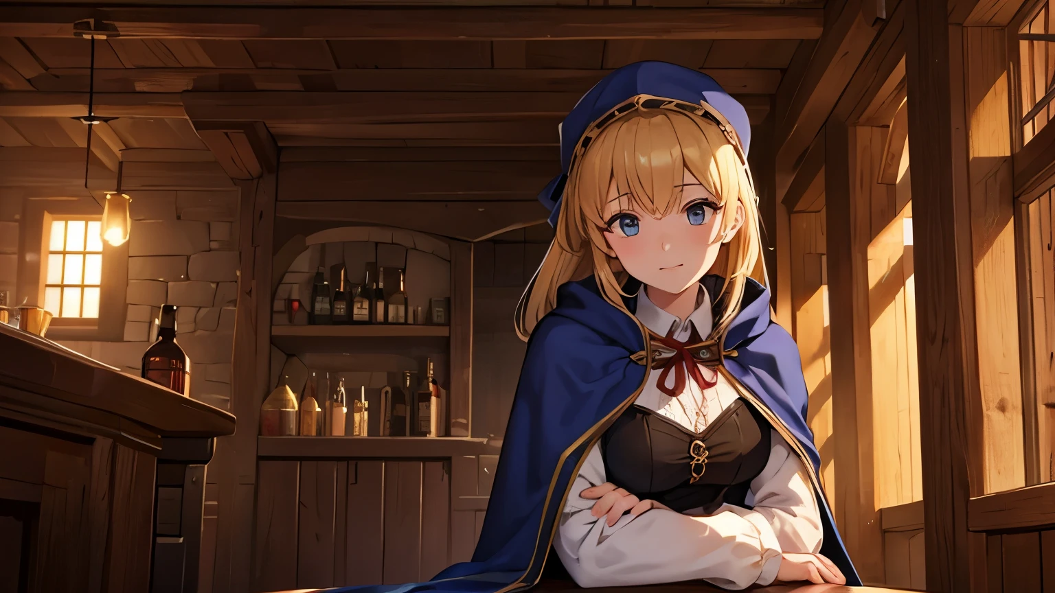 Very high quality, medieval tavern, guild-style, beautiful girl in a cloak