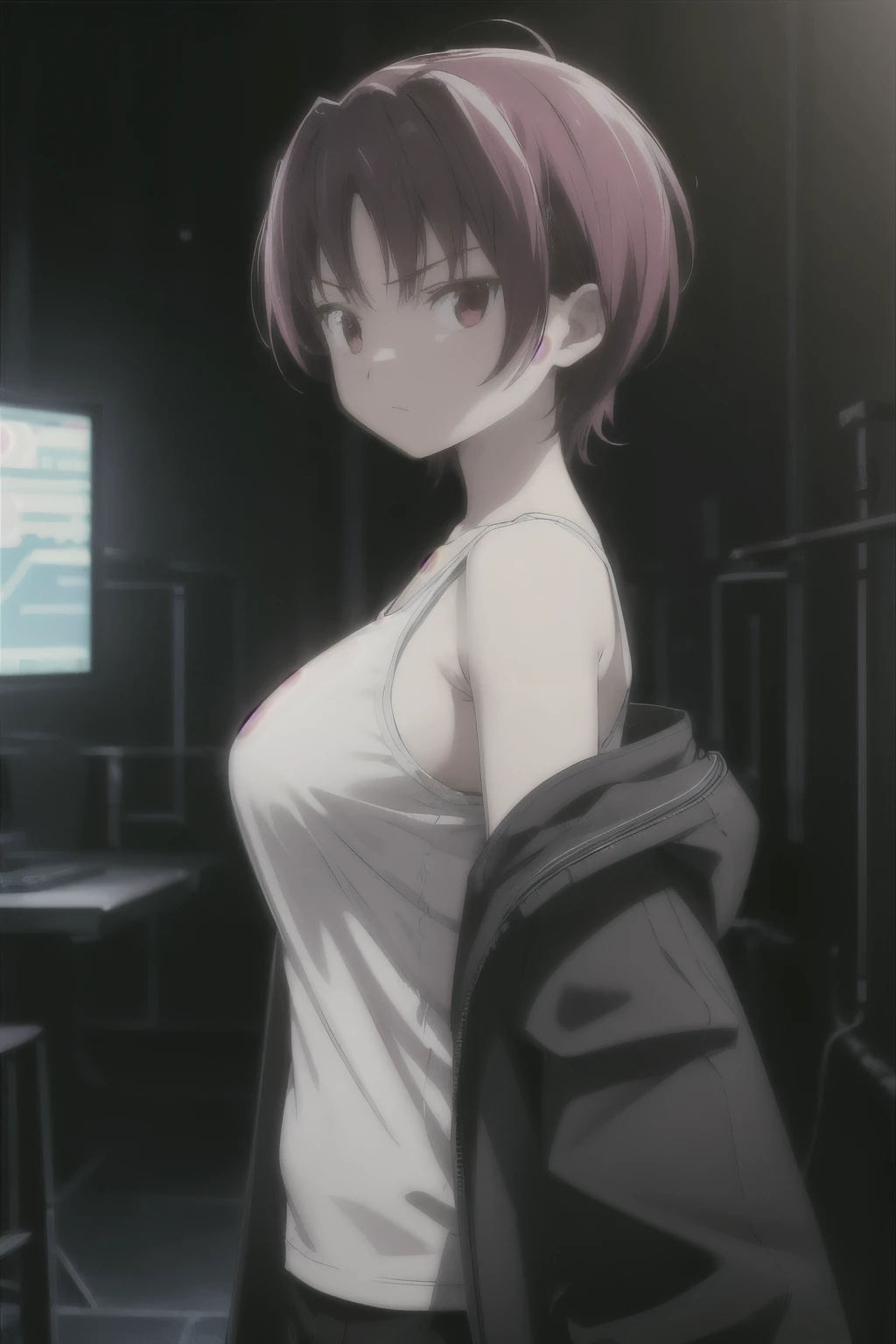 1woman, short red hair, red eyes, serious expression, tomboy, big breasts, athletic, wearing black sci fi coat, tank top, isolated on completely pitch black background, absurdres, high res, ultrasharp, 8K, masterpiece, looking at viewer, HDR, sci-fi, professional, vivid colors, sharp focus, studio lighting, absurdres, bokeh, static