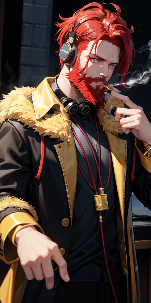 DJ with red hair, golden eyes, beard, smoking a cigarette, wearing oil tycoon clothes with headphones around his neck