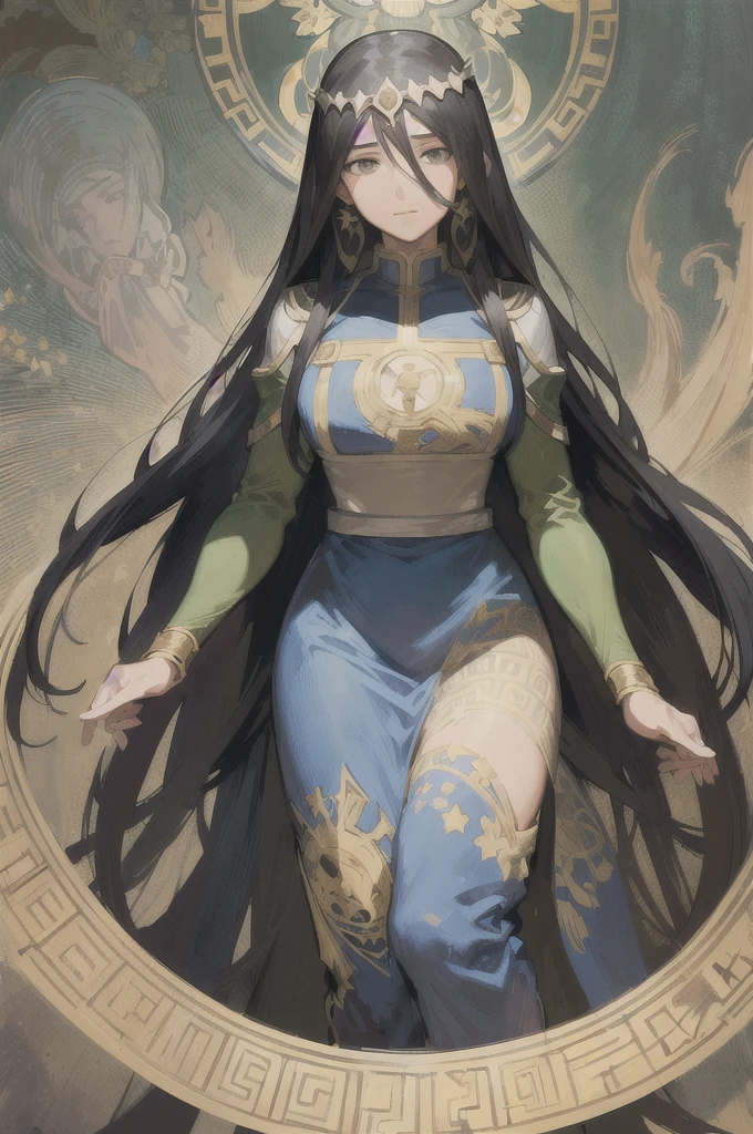 face portrait of a my hero academia custom charactee , long straight hair, black hair , UA highschool backround, Decorative panels, by Alphonse Mucha
(Masterpiece, Best Quality, Highres:1.4), Detailed, Intricate Details, 4K, line art