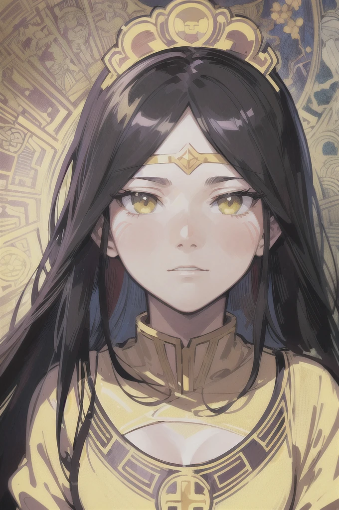 face portrait of a my hero academia custom charactee , long straight hair, black hair , UA highschool backround, Decorative panels, by Alphonse Mucha
(Masterpiece, Best Quality, Highres:1.4), Detailed, Intricate Details, 4K, line art