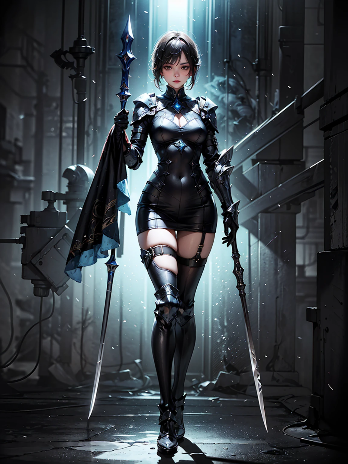 (((masterpiece, best quality, high detailed, 8k))) Design a layout showcase Gaming character, (1girl). Silver|Blue clothes, stylish and unique. ((showcase weapon:1.4)), lightning rod. (masterpiece:1.2), (best quality), 4k, ultra-detailed. (Step by step design, layout art:1.5), (luminous lighting, atmospheric lighting). storm mage, ((glove full hands)), (((revealing clothes:1.3))), vambraces, armored legwear, (((full_body_shot:1.4))). {During a thunderstorm}.
