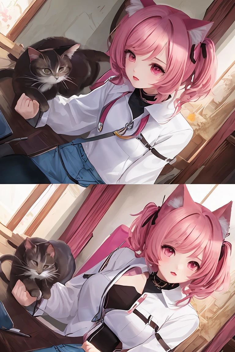 score_9,score_8_up,score_7_up,masterpiece, top quality, best quality, official art, beautiful and aesthetic, animation, , 1girl with cat ear, perfect figure, pink hair, complicated details, OK ,