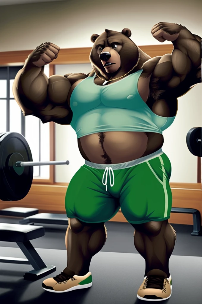 ((masterpiece, best quality)),solo, 1bear, solo, baloo, huge muscular, green gym shorts,, black eyes, furry, bear, no humans, gym, gym set, flexing 